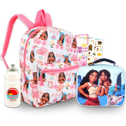 Disney Moana Mochila com Conjunto de Lancheira – Pacote de Mochila, Lancheira, Adesivos, Garrafa de Água, Mais | Mochila Escolar Moana para Meninas, Multicor, Moana Backpack for Girls, Moana Moana,