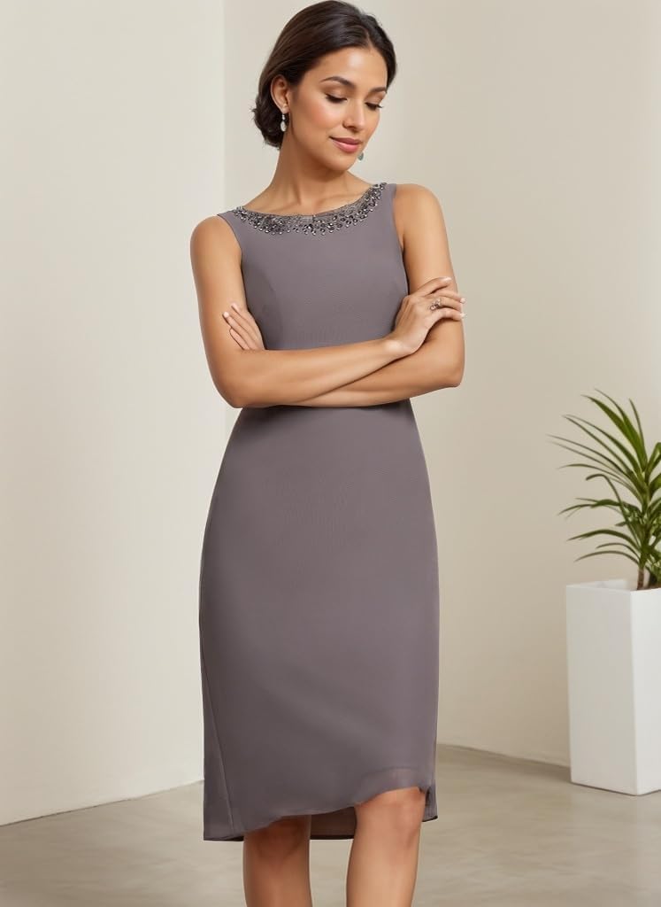 Short Mother of The Bride Dresses for Women 2 Pieces Formal Dress with Jacket Beads Evening Gown