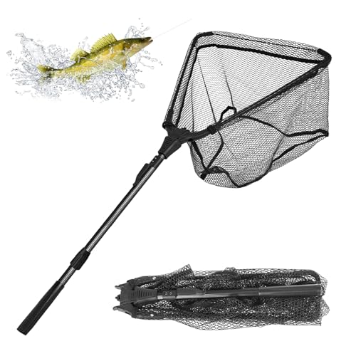 Dulynva Rede de pesca dobrável 90 cm rede telescópica moldura triangular estável Reds de pesca revestida de borracha para lagoas, ribeiros, lagos e pesca de barco