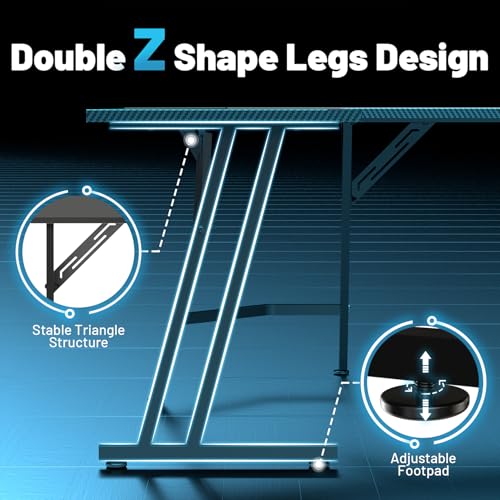 Image of HLDIRECT 51 Inch L Shaped Gaming Desk with Monitor Stand and LED Lights, Corner Computer Desk with Carbon Fiber Surface, PC Gaming Table for Home Office Writing Workstation, Easy to Install, Black