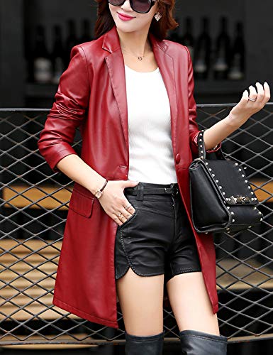 Tanming Womens PU Faux Leather Jacket Casual Lapel Long Suit Trench Coat Outerwear4