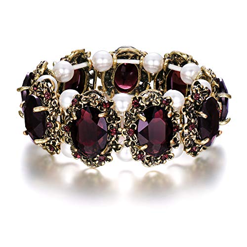 BriLove Women's Victorian Style Crystal Simulated Pearl Multi Floral Cameo Inspired Oval Stretch Bracelet