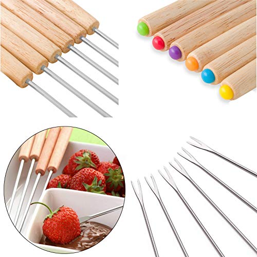 Foto von Edelstahl Fonduegabeln Spülmaschinenfest Fonduegabeln Holzgriff Fondue Gabel Fondue Forks Schokoladengabel Gabeln Küche Werkzeug Geschirr Gabeln Käse Obst Dessert Schokolade Käse Dessert Topf(6 Stück)
