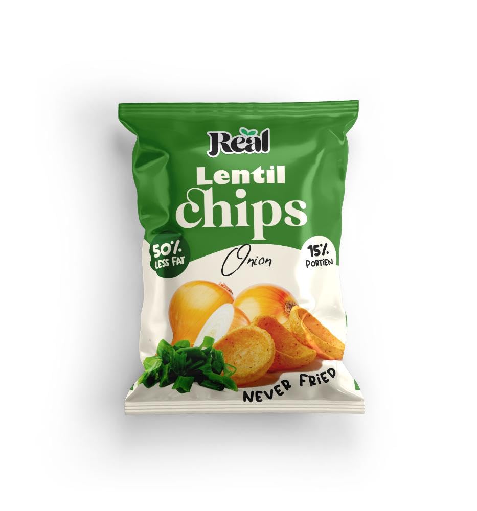 Real Chips - Lentil Chips – Onion Flavor, 60g Pack – 50% Less Fat, Never Fried, Crunchy & Healthy High-Protein Snack