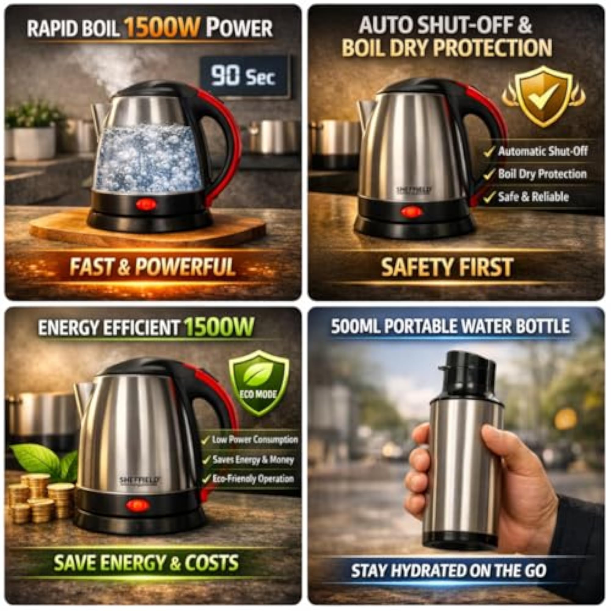 1500W Electric Kettle and Stainless Steel Bottle Combo