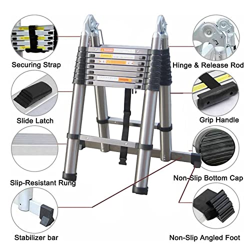 16.5Ft/5M Steel Telescoping A Frame Ladder With Balance Bar Non-Slip Multi Purpose Repair Extension Ladder With En131 Certified, 330 Lb Max Capacity #TOP2