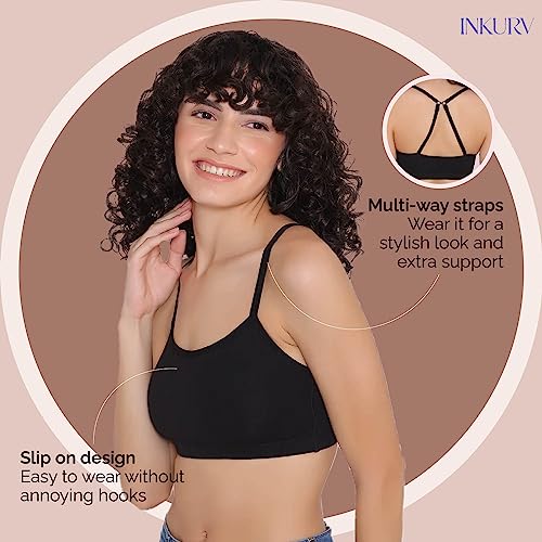 Image of INKURV Slip on Beginner's Bra for Girls, Non Padded, Non Wired, No Hooks with Double Layered Fabric, Adjustable Straps, Wirefree Sports Bra- Lisa Combo of 3
