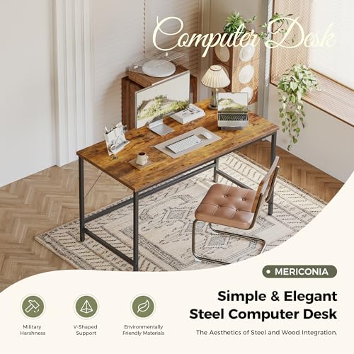 Image of Mericonia 55x20 Inch Computer Desk, 0.6 inch Thick Small Office Table | Modern Simple Style, Study & Writing Table for Home Bedroom Work, Brown