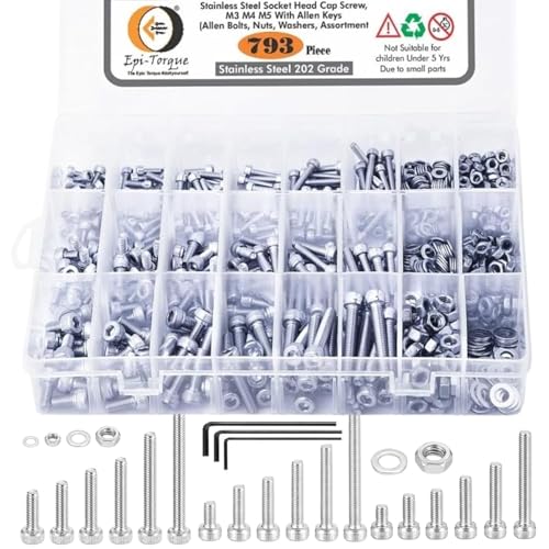 Image of M3 M4 M5 Stainless Alloy Steel 202 Grade Socket Head Cap Screws Nuts Allen Bolt Washer with Allen Keys Assortment Kit Set with Storage Box Pack of 793 Pcs