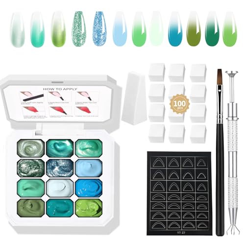 Gradient Painting Gel,12 Colors Set Ombre Gel Nail Polish,Ombre Pigment Palette for Nail with 100Pcs Nail Sponges & Grabbing Pen for Gel Nail Art in Salon or Home Use (c5)