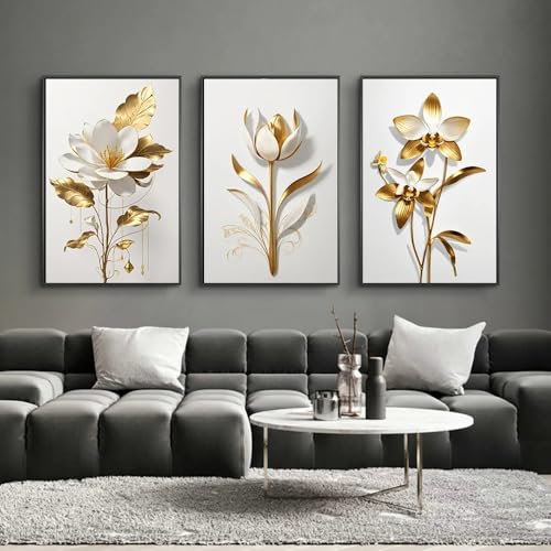 Toile de Fleurs Abstraites Dorées pour Raviver un Mur Blanc de Salon
