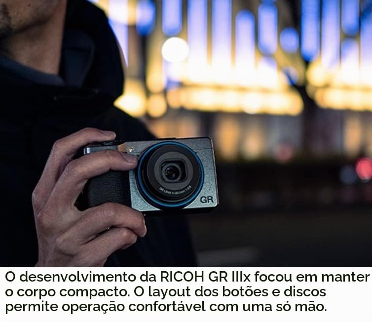 Ricoh GR IIIx edição urbana, corpo cinza metálico com anel azul