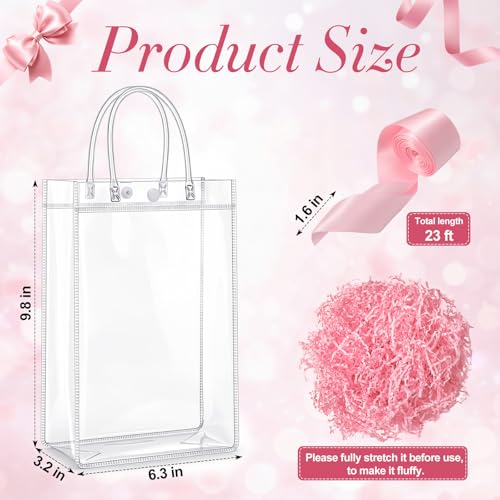 Sac cadeau PVC transparent avec poignées et ruban rose (Lot de 12)