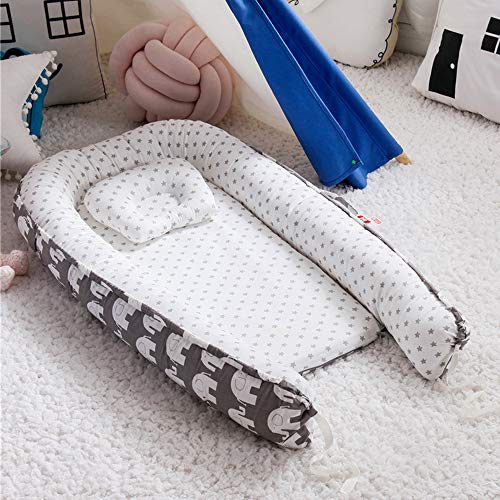 Baby Lounger Nest Bassinet for Bed, Portable Baby Co-Sleeping Cribs & Cradles for Bedroom and Travel, 100% Soft Cotton Baby Bed (Elephant Grey)