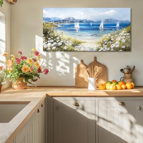 crmotu Beach Wall Art, Coastal Wall Art, Large Wall Decor, Wildflower Art Landscape Painting, Seaside Sailboat Canvas Pictures for Living Room Bedroom Dining Room Office Art Prints 30x60inch