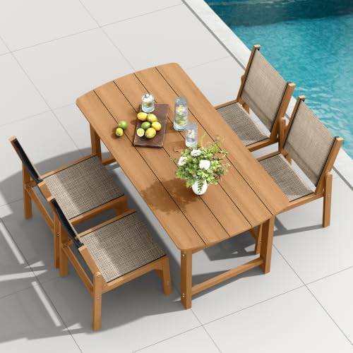 Image of HDPE Outdoor Patio Dining Set with Table & 4 Stackable Armless Textilene Chairs, All-Weather 5-Piece Dining Table Set with Umbrella Hole, Patio Furniture for Garden, Poolside, Backyard, Deck | Teak