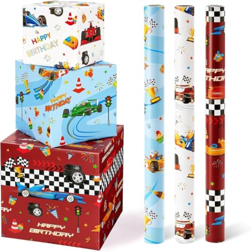WERNNSAI Rouleaux de Papier Cadeau Voiture de Course - 3 Rouleaux Courts Papier Cadeau D'anniversaire pour Enfants Garçons Emballage Cadeau Fête Rouge Bleu...
