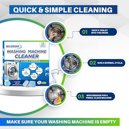 Image of Wazdorf Washing Machine Cleaner Tablets -12 Pcs Powerful Deep Cleaning & Descaling | Eliminates Odor, Limescale & Residue | For Front & Top Load | Eco-Friendly & Non-Toxic(12 Pcs)