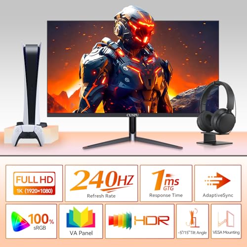 Image of CUNPU 24 Inch 240Hz Gaming Monitor, 1080p FHD, Fast VA Panel, 1ms Adaptive Sync, Ultra Slim Frame, 16.7M Colors, sRGB 100%, HDMI 2.1 & DP 1.4, VESA, Eye Care, for PS5, Xbox, Gaming Computer Monitor