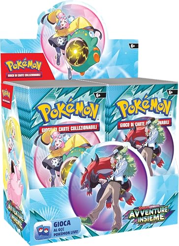 Contiene 36 buste dell’espansione Scarlatto e Violetto - Avventure Insieme del GCC Pokémon. Ogni busta di espansione contiene 10 carte da gioco e un’Energia base. Le carte variano a seconda delle buste.