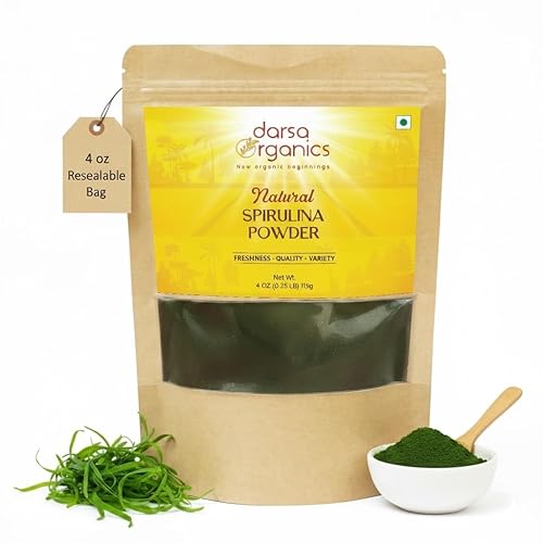 Darsa Organics Espirulina en polvo natural de 4 onzas  Superalimento vegano puro, alto en proteínas, antioxidantes y nutrientes para apoyo
