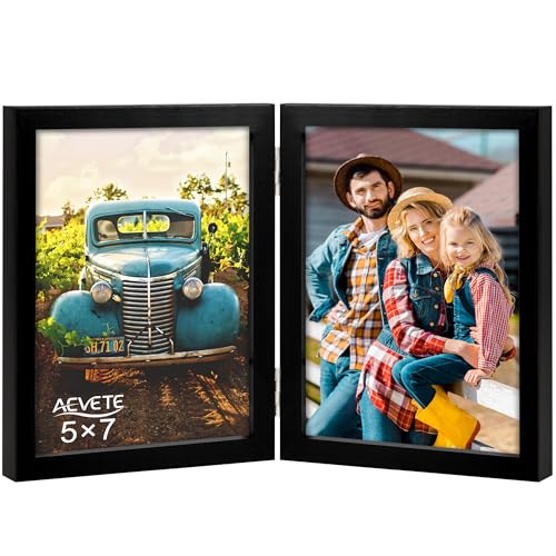 AEVETE 5x7 Picture Frames Double Hinged Wood Folding Photo Frames Vertical with Plexiglass Front, Black