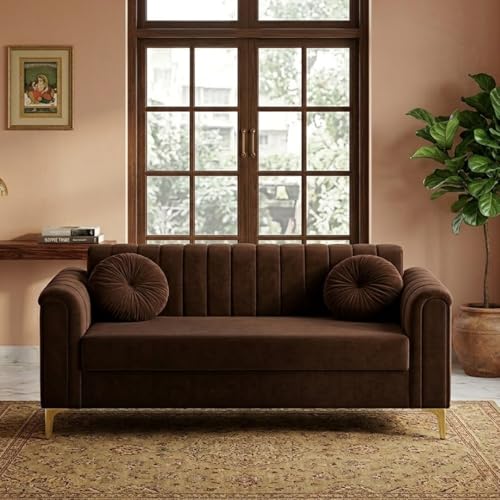 Image of FURNY Dorino 2 Seater Fabric Sofa Set (Dark Brown) Premium Velvet Finish Durable & Comfortable Ideal for Living Room