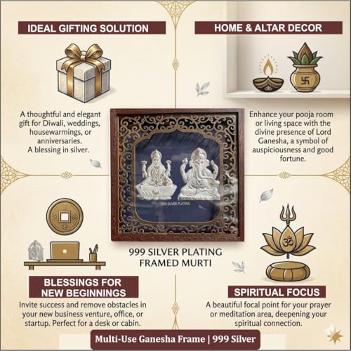 Image of Silver Plating Laxmi Ganesh Frame | Divine Home Decor | Wall Mount Square PhotoFrame for Gift, Lakshmi Ganpati Wooden Frame for OfficeDecor | hangingframe (6.50 inch x 6.50 inch Inch)