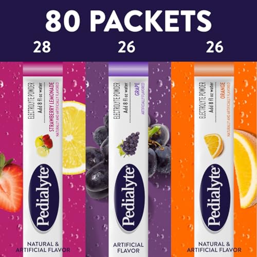 Image of Pedialyte Electrolyte Powder Packets | Hydration Drink for Kids & Adults | Hydration Station Variety Pack: Grape, Strawberry Lemonade, and Orange, 80 Powder Packets