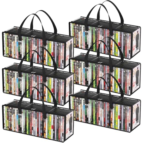 Lifewit DVD Storage Bags 6 Pack, Clear PVC DVD Case Holder with Handles, Front Window Zipper Design, Stackable Media Organizer for Blu Ray Disc, Movie Cases, VHS Box, Hold 210 Pcs DVDs (35 Each)