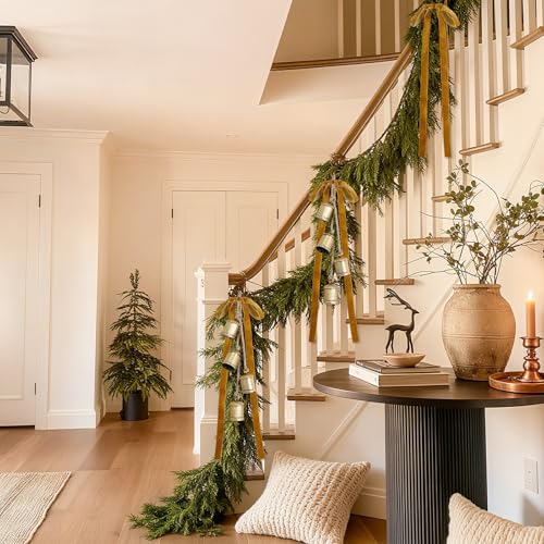 Suncalla 2 Pcs Christmas Cow Bells with 8 Pcs Khaki Velvet Christmas Bows Vintage Gold Bell Decorations with Velvet Ribbon Bows for Xmas Tree Wall Home Wedding Wreath Garland Staircase Indoor Outdoor by Suncalla - Image 5