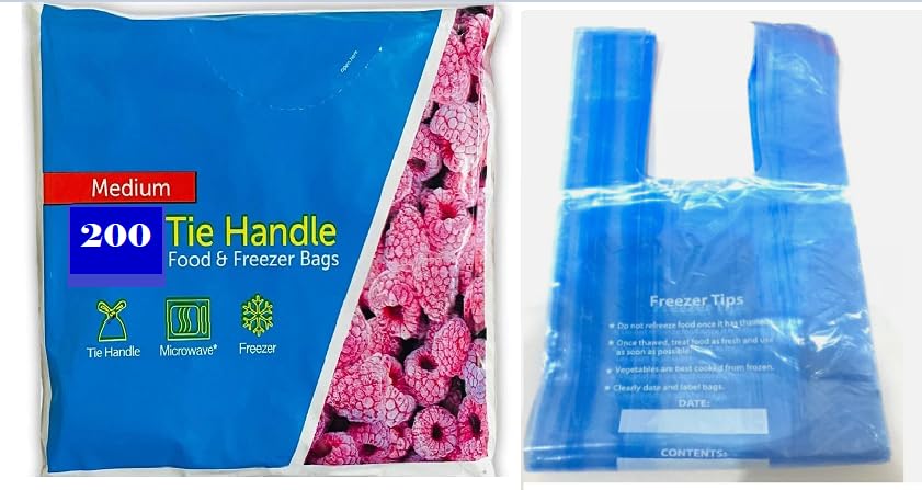 Food Freezer Bags with Tie Handles and Writable Panel | Extra Strong, Microwave Safe, Food Storage, Sandwich Bags, For Freezing (BLUE, M, 200)