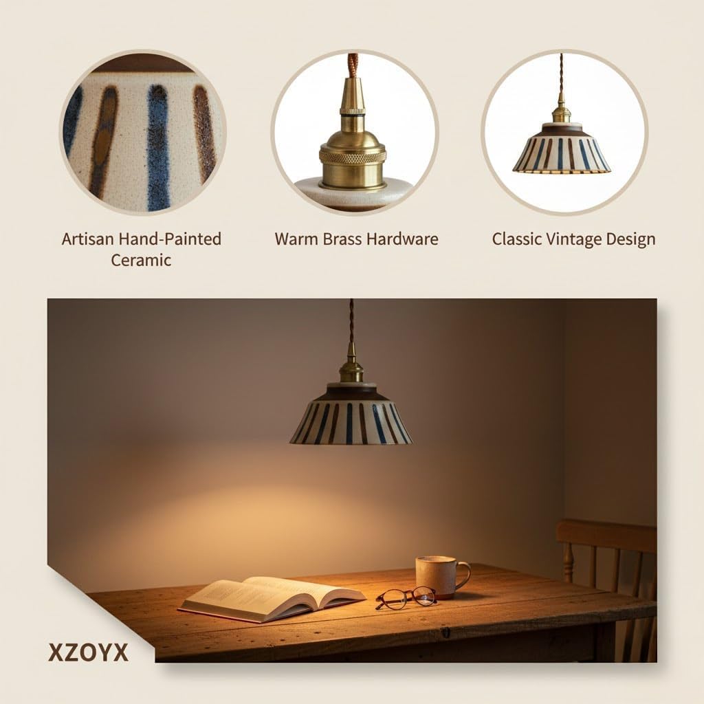 Lampada a sospensione in ceramica retrò in ottone, luce a strisce