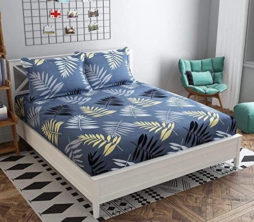 Image of 300 Tc Cotton Feel Glace Cotton Fully Elastic Fitted Leaf, Grey Leaves Bedsheet Queen Size Double Bed With 2 Pillow Covers (60 inch X 78 inch Inches)
