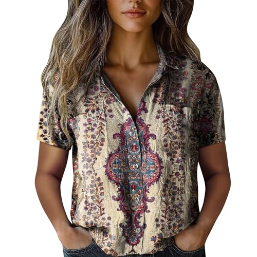 Linen Blouses for Women 2025 Women Cotton Shirt Printed V Neck Button Down Shirts Casual Tops Short Sleeve Blouse