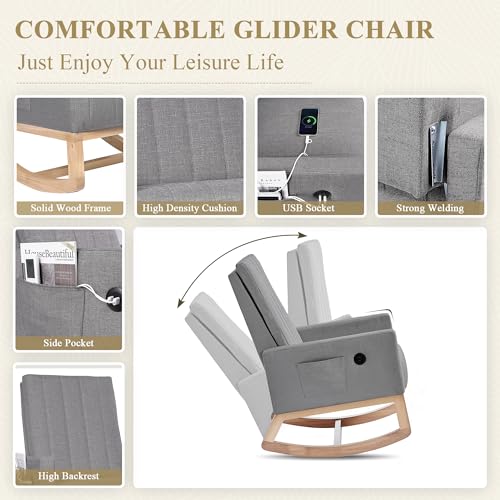 VECELO Rocking Chair Nursery, Modern Upholstered Glider Rocker with USB Port and Side Pocket, High Backrest Padded Seat Accent Armchair for Living Room, Nursery, Bedroom