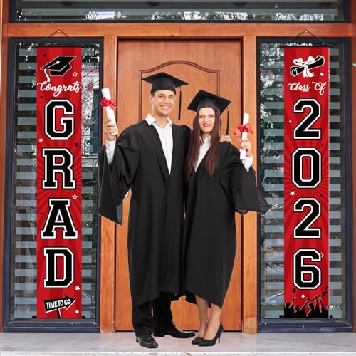 Image of Graduation Banner 2026 Graduation Decorations Red and Black Grad Banner Porch Sign Class of 2026 Door Decor Congrats Hanging Backdrop Red Black Grad Party Decor for School Congratulations Supplies