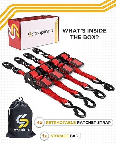 Image of Strapinno 4pcs Retractable Ratchet Straps Bundle 1in x 6ft Ratchet Tie Down with Rubber Coated Steel Handle, S Hooks, Breaking Strength 1500 lbs Each (Red Strap, Black Coated Buckle)
