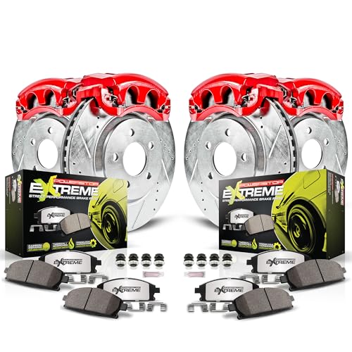 Image of PowerStop Front and Rear Brake & Caliper Kit for Acura TL 2004-08 - Drilled & Slotted Disc Rotors + Carbon-Fiber Ceramic Brake Pads + Red-Powder Coated Calipers, KC2298-26