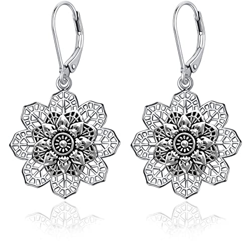 Boho Vintage Flower Earrings for Women, Silver Leverback Hollow Bohemian Dangle Drop Earrings Mandala Tribal Floral Earring Western Indian Jewelry