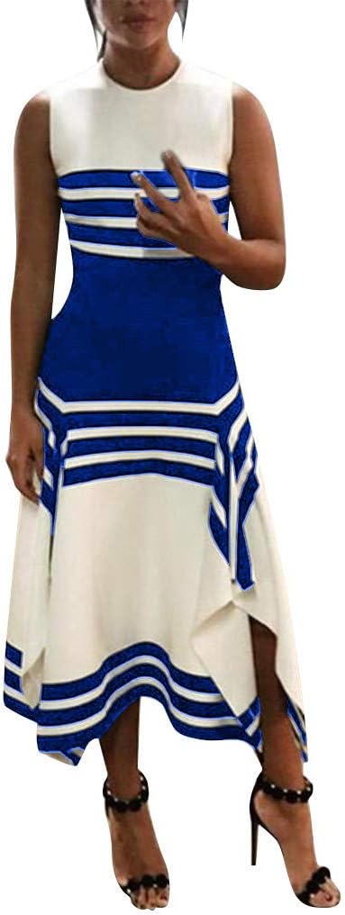 HHmei Women Stripe Sleeveless Casual Dress Women Round Neck Vestido Midi Party Dresses