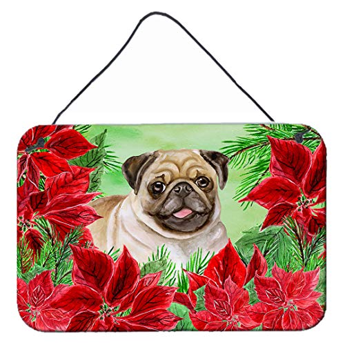 Caroline's Treasures CK1365DS812 Fawn Pug Poinsettas Wall or Door Hanging Prints Aluminum Metal Sign Kitchen Wall Bar Bathroom Plaque Home Decor, 8x12, Multicolor