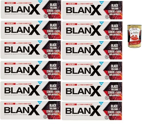 BlanX Dentifricio Black Volcano 12 x 75 ml, pasta de dientes con cenizas y cenizas isleñas y volcánicas, apto para veganos y antibacterianas + Polpa italiana Gourmet 400 g