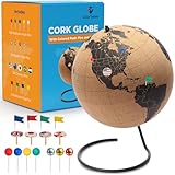 Black Cork Globe with Push Pins - 12.8” Tall Globe with Map of the World and Rotating Stand for Children or Adults, 100 Colored Push Pins - For Home, Office, Classroom, Travel, Kids