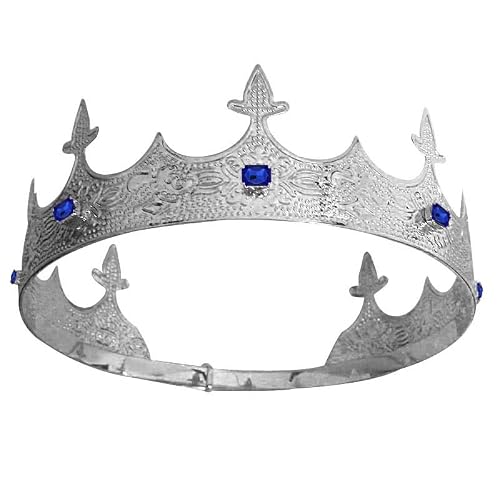 YADIRF Mens King Crown Adjustable Headdress Full Round Crown For Birthday King Halloween Cosplay Party Decorations (Silver With Blue Stone)