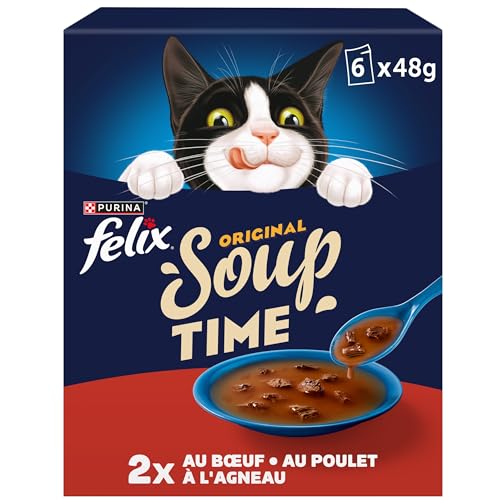 FELIX | Soup Original | Soupes en sachets pour Chat Adulte | Aliment Humide | Au Boeuf, Poulet et Agneau | Sachet Fraîcheur | Lot de 8 (6 x 48g)