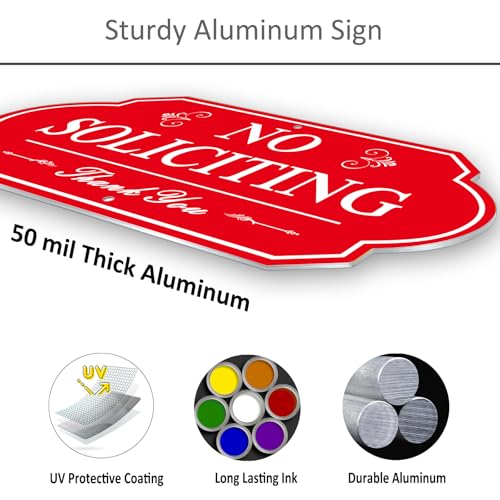 Image of Heavy Duty No Soliciting Sign for House - All Metal Construction No Soliciting Yard Sign - 14 inch x 7 inch - Aluminum - with 28 inch Long Stake (Red)