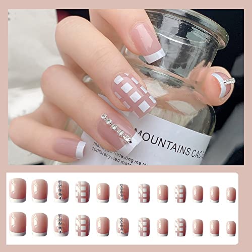 Image of Secret Lives Premium Designer Reusable Artifical Press on Nails Pink Color with White Check Design & Studs Fake Nails 24 Pieces Set with Kit