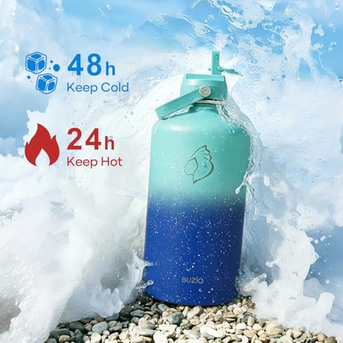 Image of BUZIO 1 Gallon Water Bottle Insulated with Dust-Proof Straw & Spout Lids