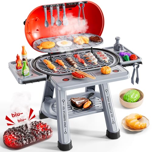 NIPLOOOW Kids Kitchen Toy Set, Kids BBQ Grill Kitchen Playset with Smoke, Sound & Light, 2-Layer Barbecue Indoor Outdoor Play Grill Toy Gift for Toddler Girl Boy Toy 3 4 5 6 7 8 Year Old